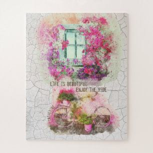 Enjoy The Ride   Watercolor Bicycle With Flowers Jigsaw Puzzle
