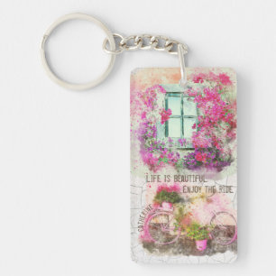 Enjoy The Ride Watercolor Bicycle With Flowers Keychain