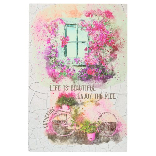 Enjoy The Ride  Watercolor Bicycle With Flowers Metal Print