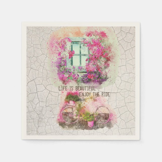 Enjoy The Ride | Watercolor Bicycle With Flowers Napkins (Front)