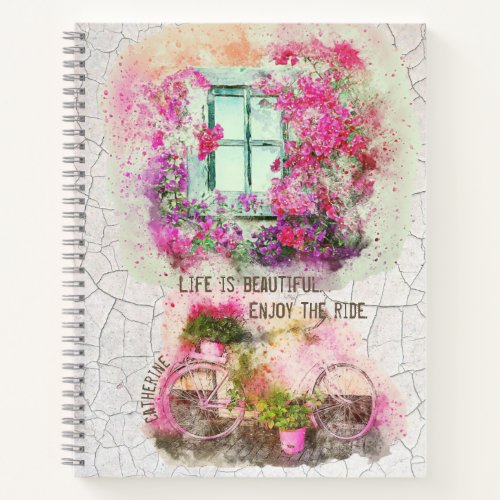 Enjoy The Ride  Watercolor Bicycle With Flowers Notebook