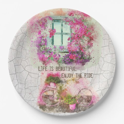 Enjoy The Ride  Watercolor Bicycle With Flowers Paper Plates