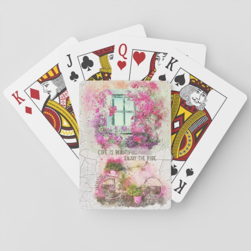 Enjoy The Ride  Watercolor Bicycle With Flowers Playing Cards