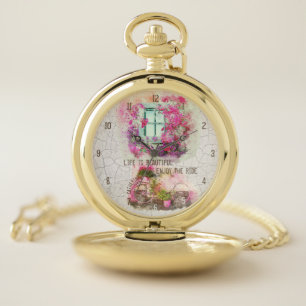 Enjoy The Ride Watercolor Bicycle With Flowers Pocket Watch