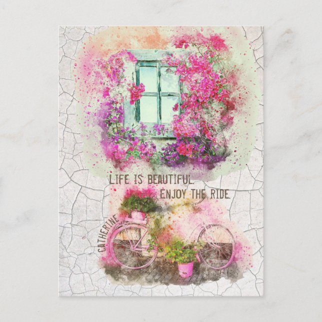 Enjoy The Ride | Watercolor Bicycle With Flowers Postcard (Front)