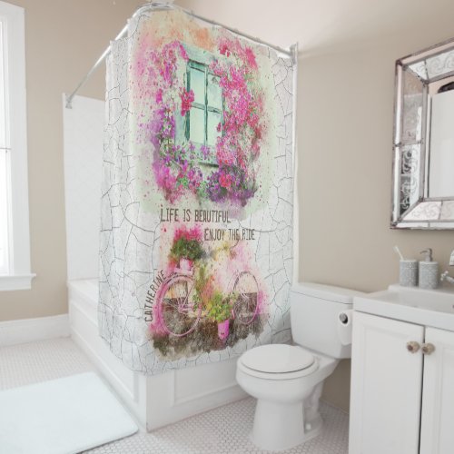 Enjoy The Ride  Watercolor Bicycle With Flowers Shower Curtain
