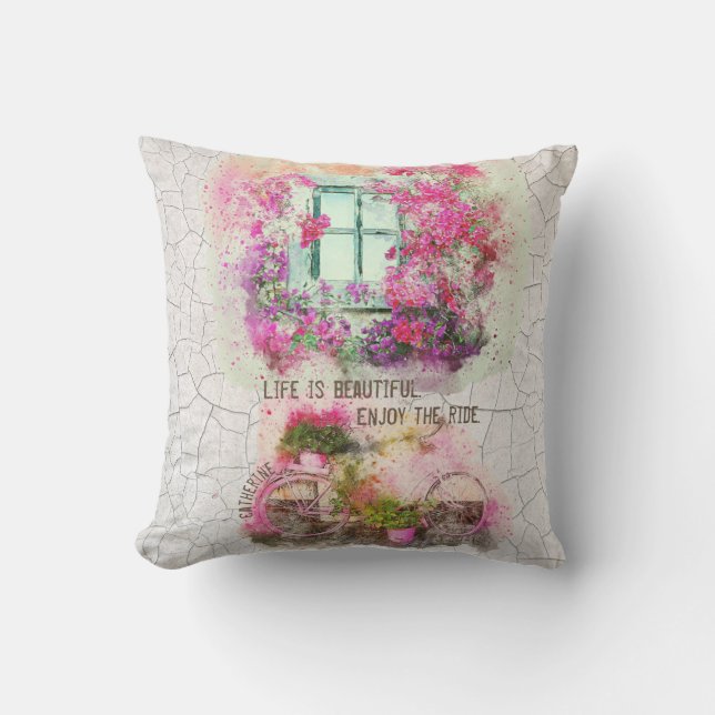 Enjoy The Ride | Watercolor Bicycle With Flowers Throw Pillow (Front)