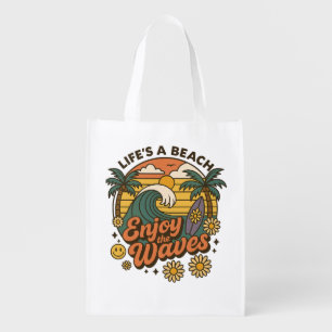 Enjoy the Waves – Reusable Beach Scene Grocery Bag