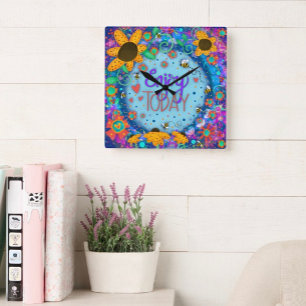 Enjoy Today Fun Cute Blue Whimsical Inspirivity Large Clock