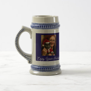 Enjoy Your Holidays, Cat and Owner Photo, Custom Beer Stein