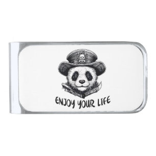 Enjoy your life. Cute pirate panda in black and wh Silver Finish Money Clip