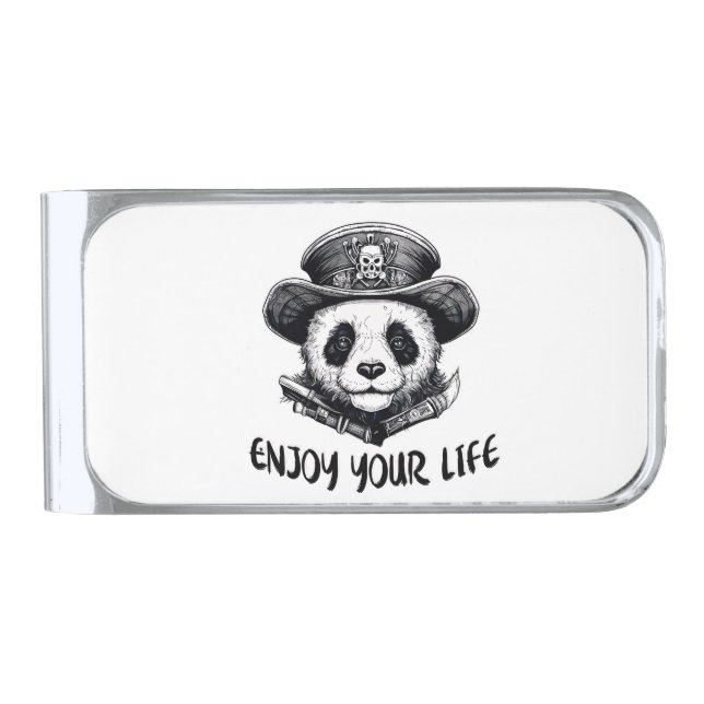 Enjoy your life. Cute pirate panda in black and wh Silver Finish Money Clip (Front)