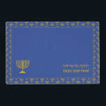 Enjoy Your Meal | MENORAH Placemat<br><div class="desc">Enjoy Your Meal | MENORAH Placemat. Modern mid blue reversible MENORAH Table Placemats, showing with faux gold menorah tiled pattern. Near the bottom, there is a larger single menorah, plus text that reads ENJOY YOUR MEAL in English and Hebrew text. These are CUSTOMIZABLE so you can PERSONALIZE with your family...</div>
