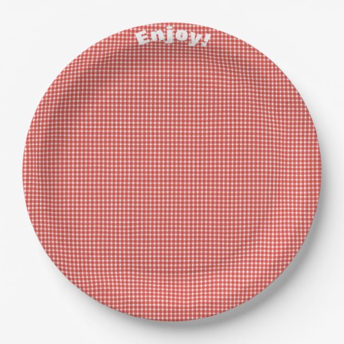 Enjoy Your Meal on Red and White Gingham Paper Plates