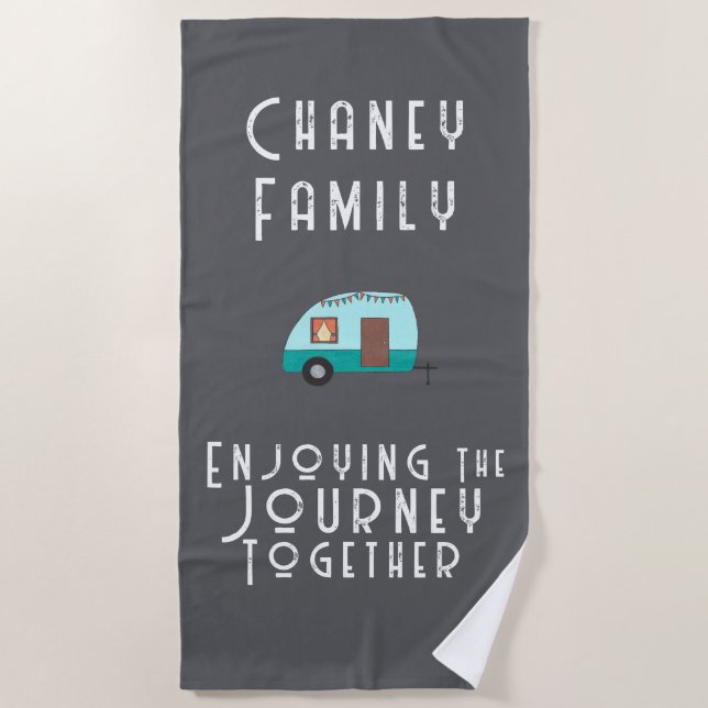 Enjoying the Journey Together Retro Camper Gray Beach Towel (Front)