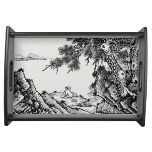 "Enjoying the Pines" Chinese Ink Brush scroll art Serving Tray