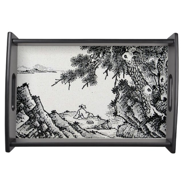 "Enjoying the Pines" Chinese Ink Brush scroll art Serving Tray (Front)