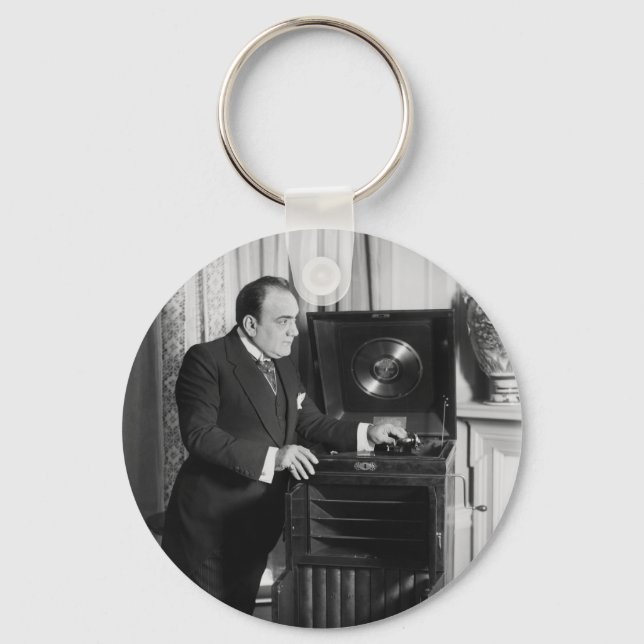 Enrico Caruso with a Victrola Brand Phonograph Keychain (Front)