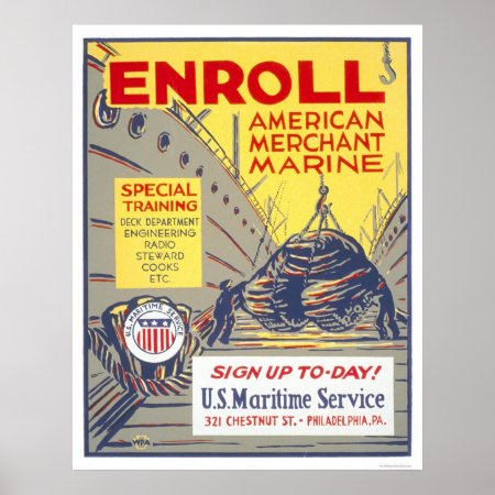 Enroll American Merchant Marine - Wpa Poster