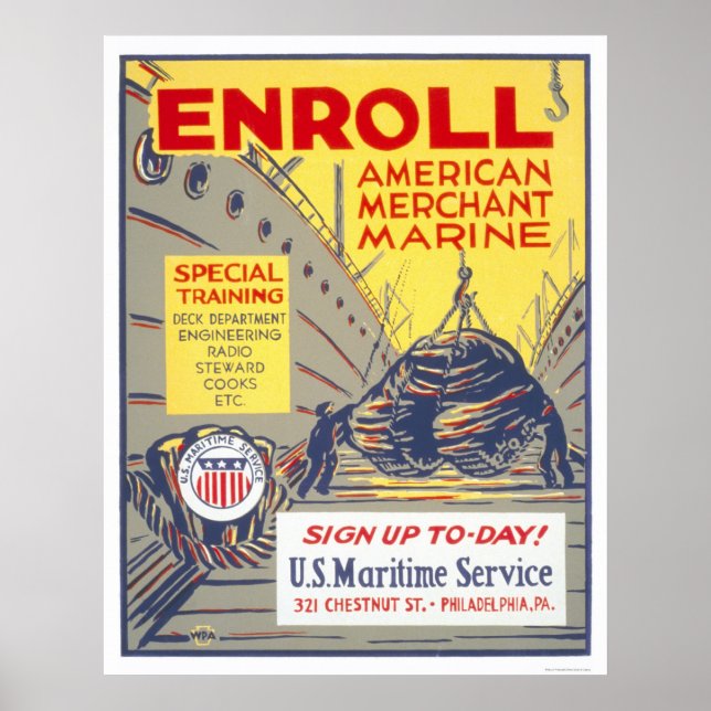 Enroll American Merchant Marine - WPA Poster (Front)