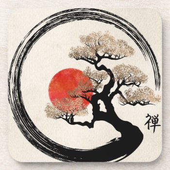 Enso Circle And Bonsai Tree On Canvas Beverage Coaster by LoveMalinois at Zazzle