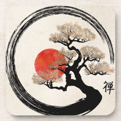 Enso Circle and Bonsai Tree on Canvas Beverage Coaster