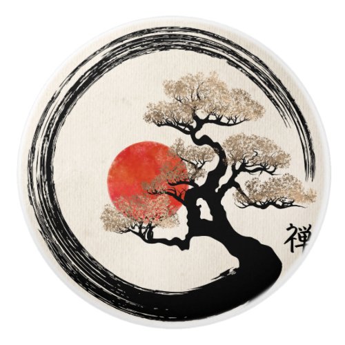Enso Circle and Bonsai Tree on Canvas Ceramic Knob