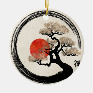Enso Circle and Bonsai Tree on Canvas Ceramic Ornament