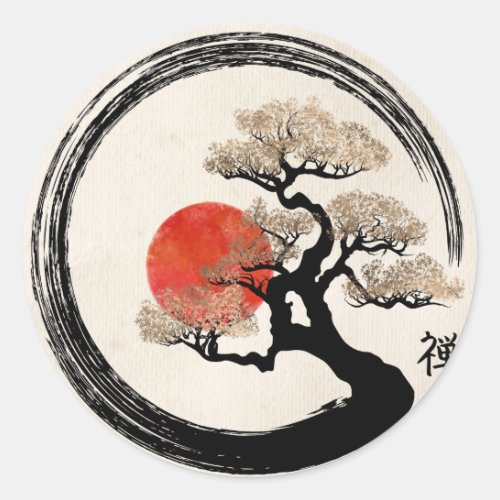 Enso Circle and Bonsai Tree on Canvas Classic Round Sticker