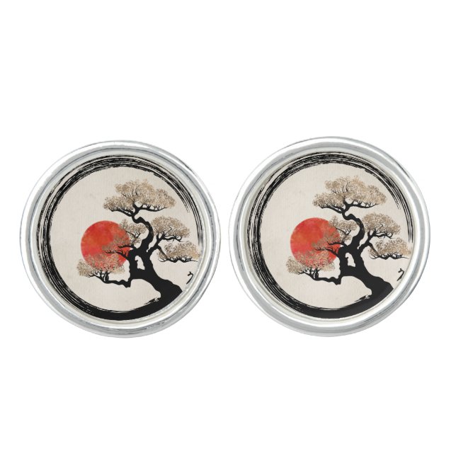 Enso Circle and Bonsai Tree on Canvas Cufflinks (Front)