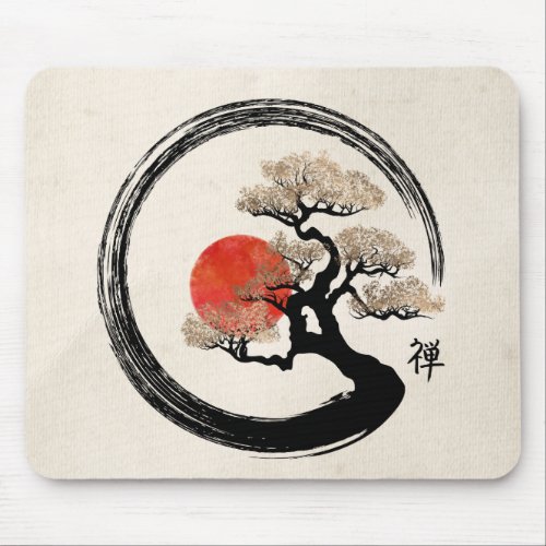 Enso Circle and Bonsai Tree on Canvas Mouse Pad