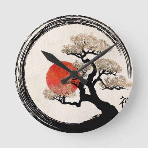 Enso Circle and Bonsai Tree on Canvas Round Clock