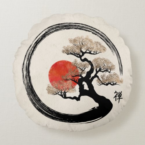 Enso Circle and Bonsai Tree on Canvas Round Pillow