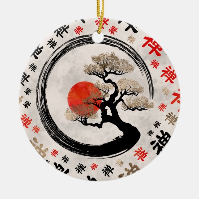 Enso Circle Bonsai Tree on Zen Symbol pattern Ceramic Ornament (Front)