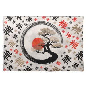 Enso Circle Bonsai Tree on Zen Symbol pattern Cloth Placemat