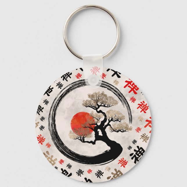 Enso Circle Bonsai Tree on Zen Symbol pattern Keychain (Front)
