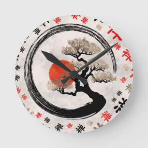 Enso Circle Bonsai Tree on Zen Symbol pattern Round Clock