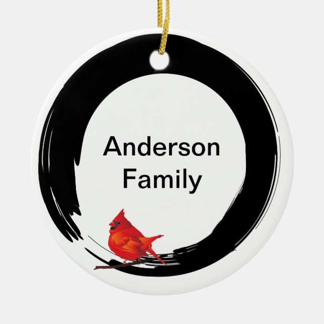 Enso Circle with Red Cardinal Ceramic Ornament (Front)