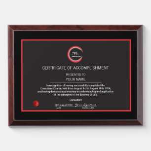 ENSO Essence of Life Certificate of Accomplishment Award Plaque