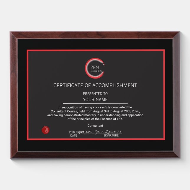 ENSO Essence of Life Certificate of Accomplishment Award Plaque (Horizontal)