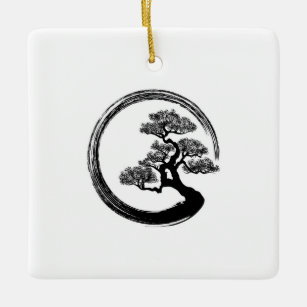 Enso Zen Circle and Bonsai Tree Ceramic Ornament