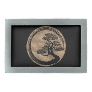 Enso Zen Circle and Bonsai Tree Gold Belt Buckle