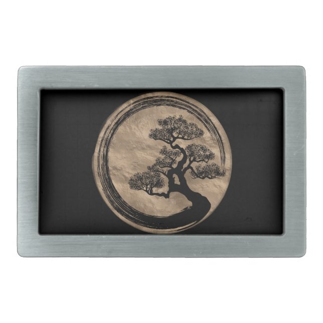 Enso Zen Circle and Bonsai Tree Gold Belt Buckle (Front)