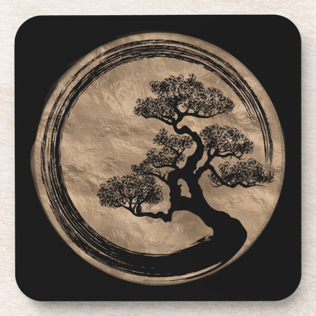 Enso Zen Circle and Bonsai Tree Gold Beverage Coaster (Front)