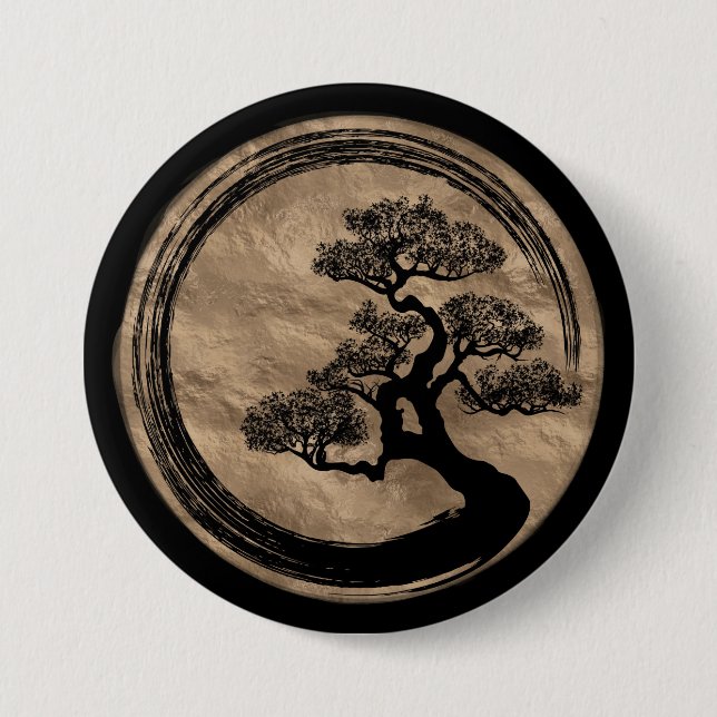Enso Zen Circle and Bonsai Tree Gold Button (Front)