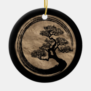 Enso Zen Circle and Bonsai Tree Gold Ceramic Ornament