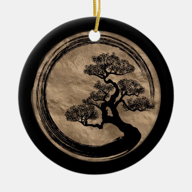 Enso Zen Circle and Bonsai Tree Gold Ceramic Ornament (Front)