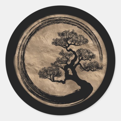 Enso Zen Circle and Bonsai Tree Gold Classic Round Sticker