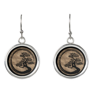Enso Zen Circle and Bonsai Tree Gold Earrings