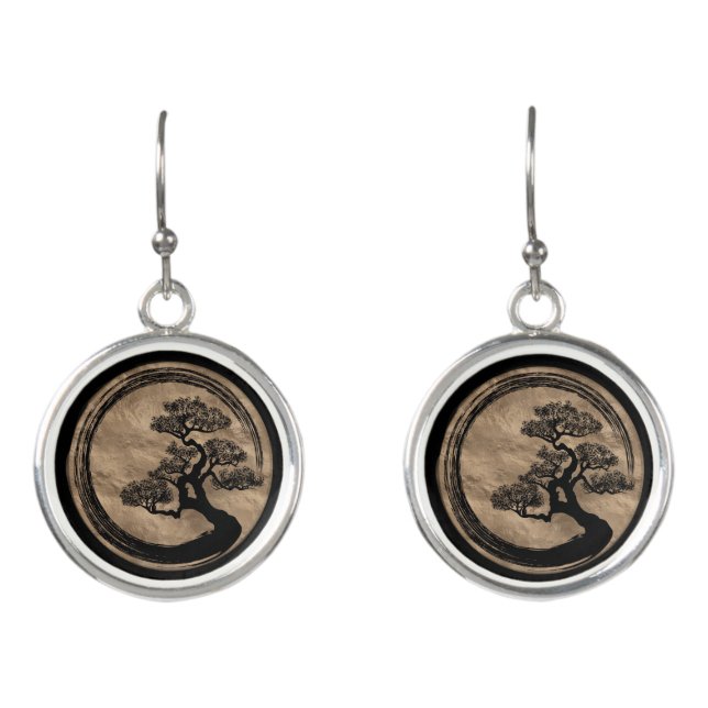 Enso Zen Circle and Bonsai Tree Gold Earrings (Front)